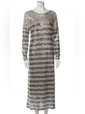 In The Mood For Love - Striped Sequin Long Sleeve Maxi Dress - Silver/Black